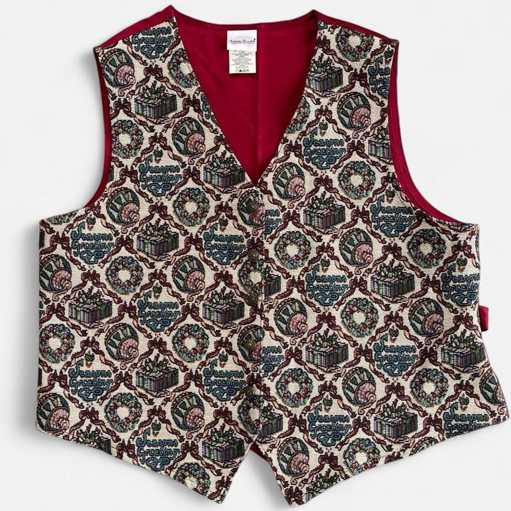 Vintage Bobbie Brooks Seasons Greetings Christmas Tapestry Vest Women’s L Large